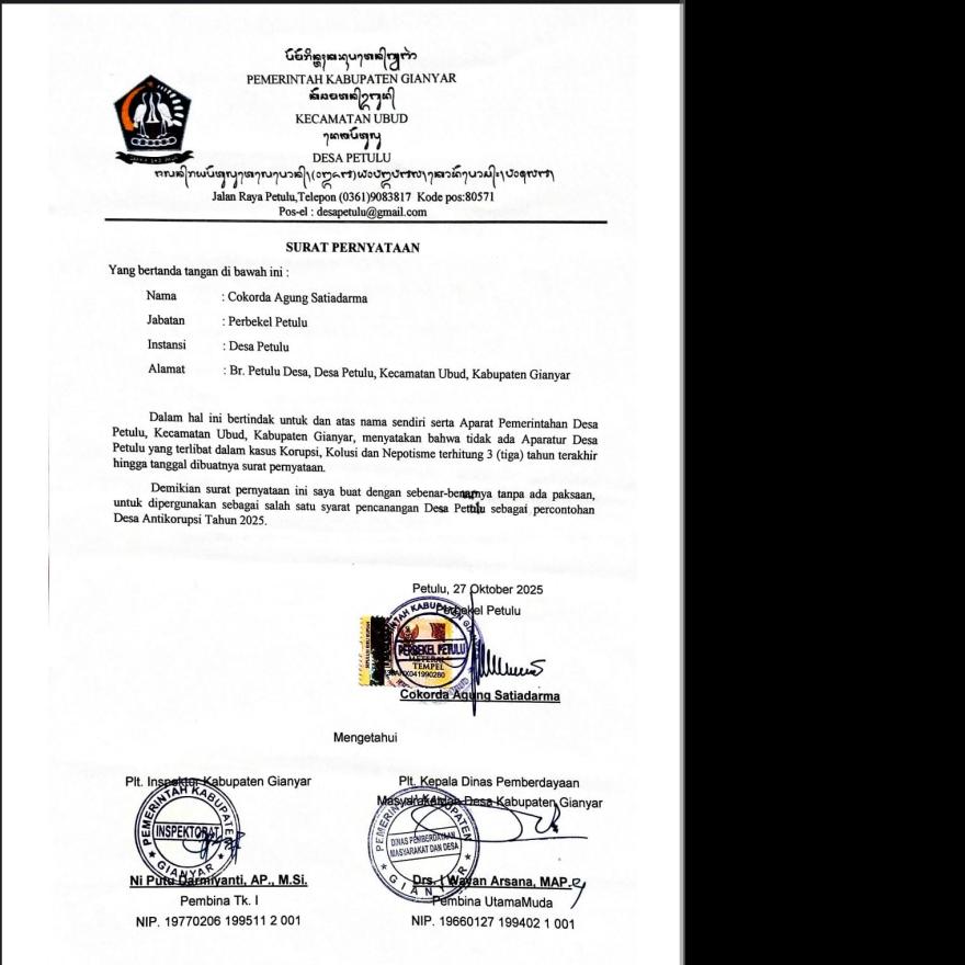 SURAT PERNYATAAN DESA ANTI KORUPSI